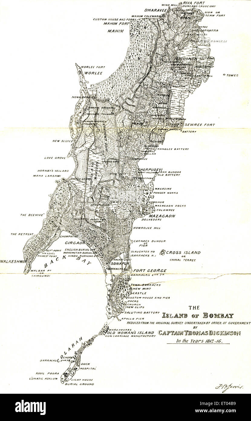 Bombay Map ; island of Bombay by Capt. Thomas Dickson ; year 1812 16 ; Mumbai ; Maharashtra ; India Stock Photo