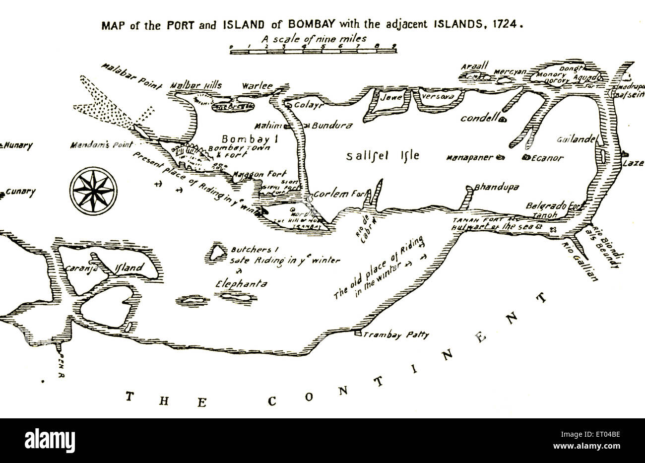 Bombay Map ; map of the Port and Island of Bombay with the adjacent Islands ; 1724 ; Mumbai ; Maharashtra ; India Stock Photo