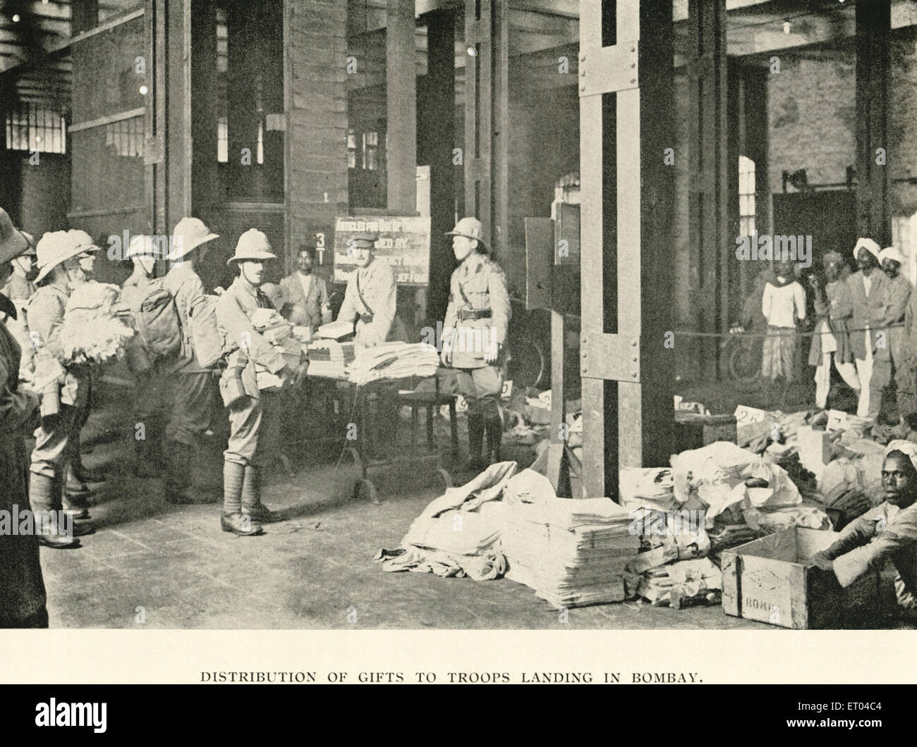 Old vintage 1900s picture of distribution of gifts to British police in Bombay Mumbai Maharashtra India Asia old vintage 1900s picture Stock Photo