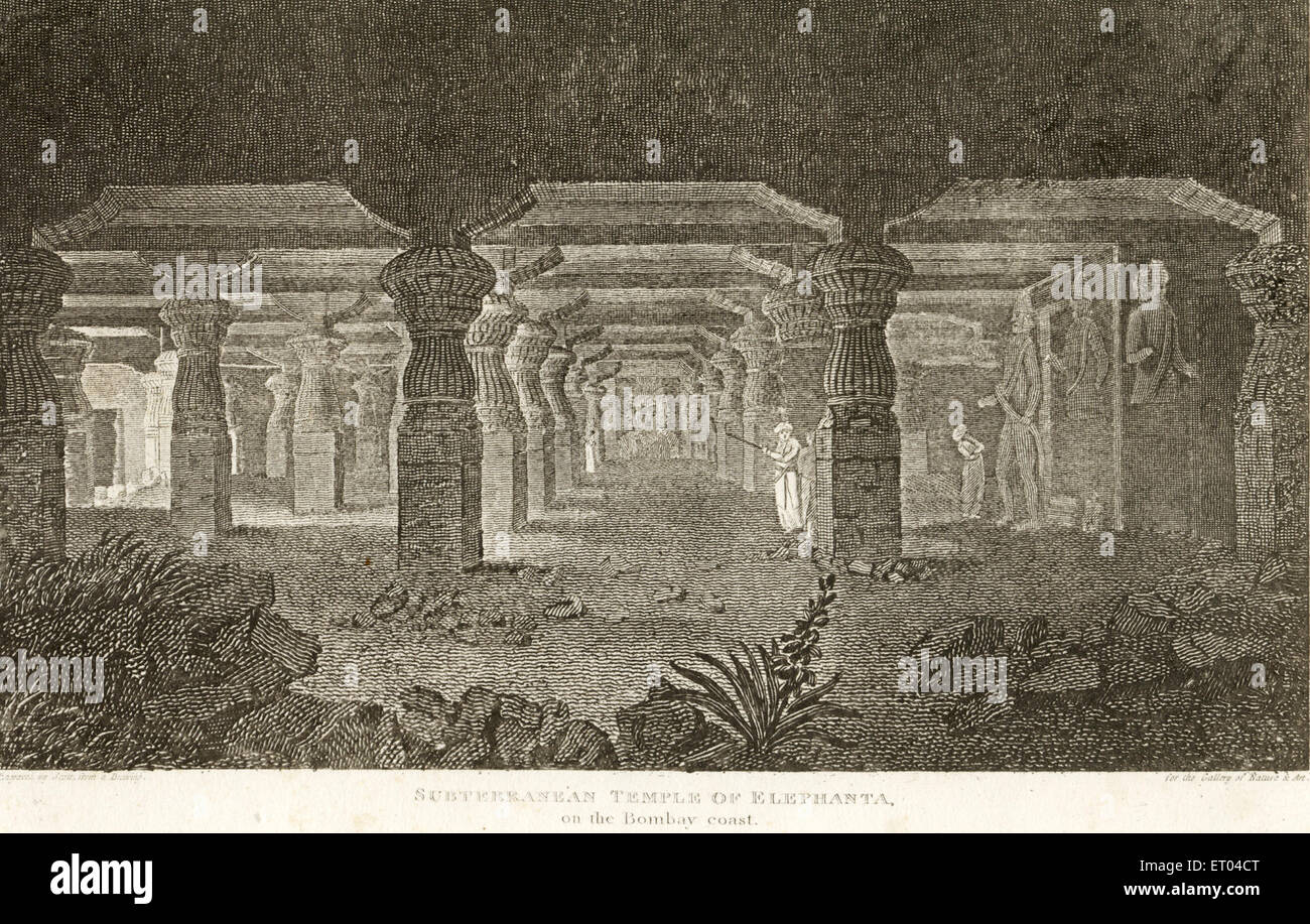 Subterranean temple of Elephanta on the Bombay Coast ; Bombay now Mumbai ; Maharashtra ; India Stock Photo