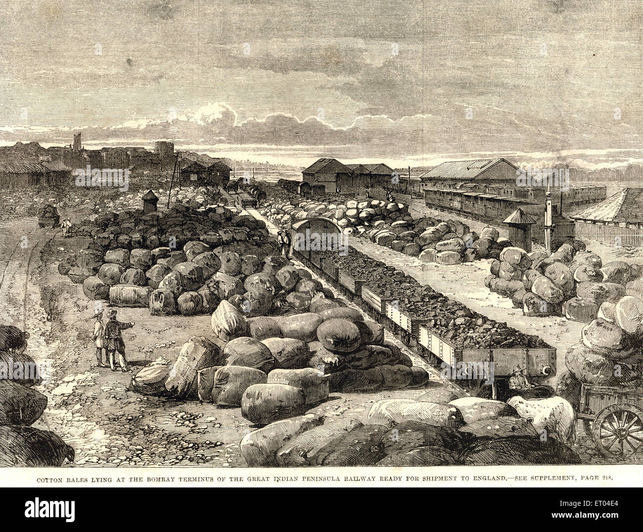Cotton bales, Bombay Terminus, Great Indian Peninsula Railway for shipment to England, Bombay, Mumbai, Maharashtra, India, old vintage 1800s engraving Stock Photo