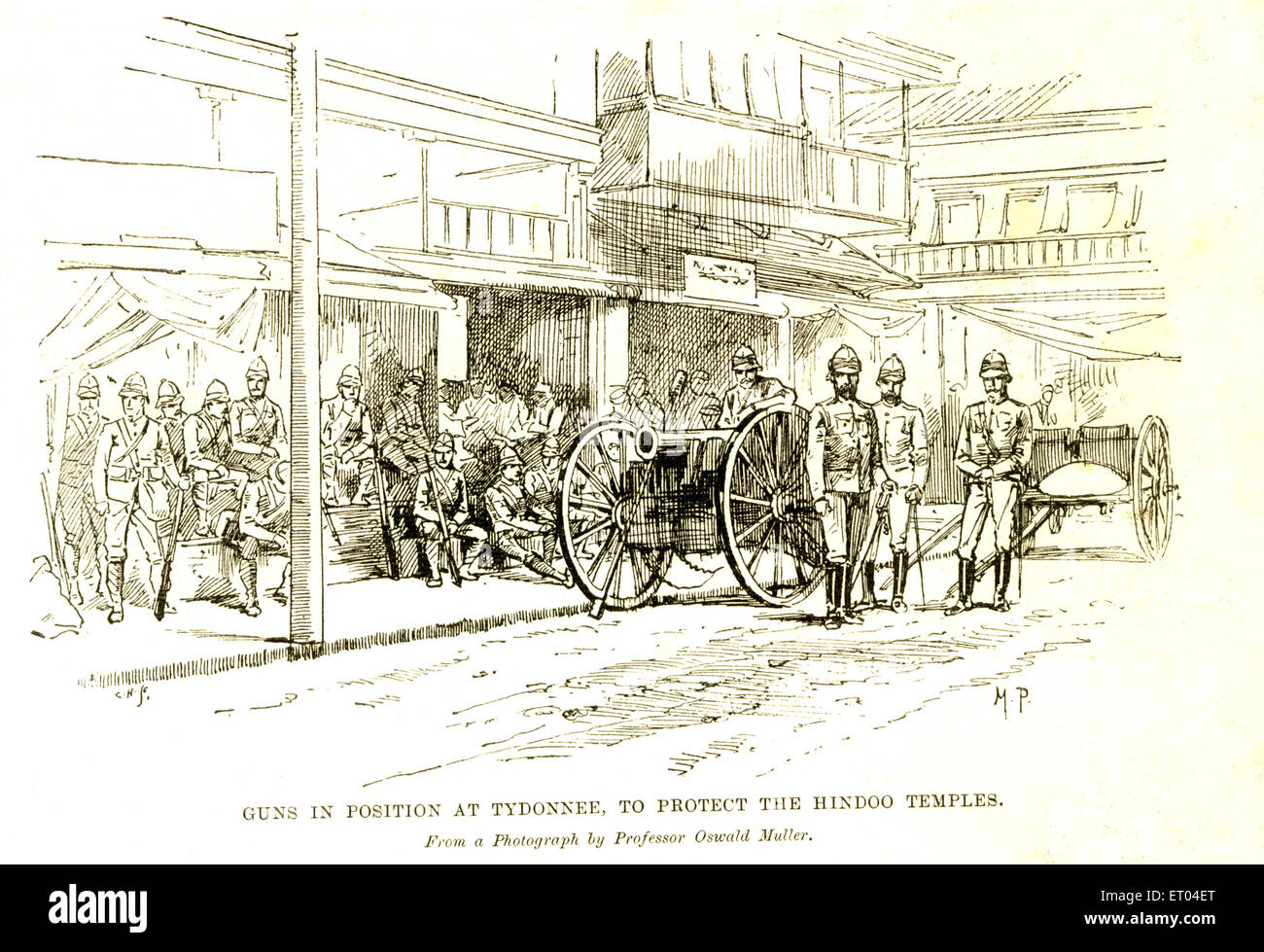 Guns in position at Tydonnee to protect Hindu temples ; 9th September 1893 ; Bombay now Mumbai ; Maharashtra ; India Stock Photo