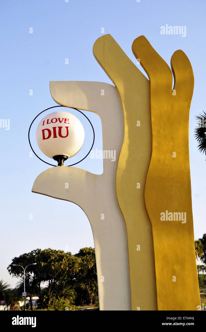 Welcome sign I love Diu at Diu Beach Gujarat India Stock Photo