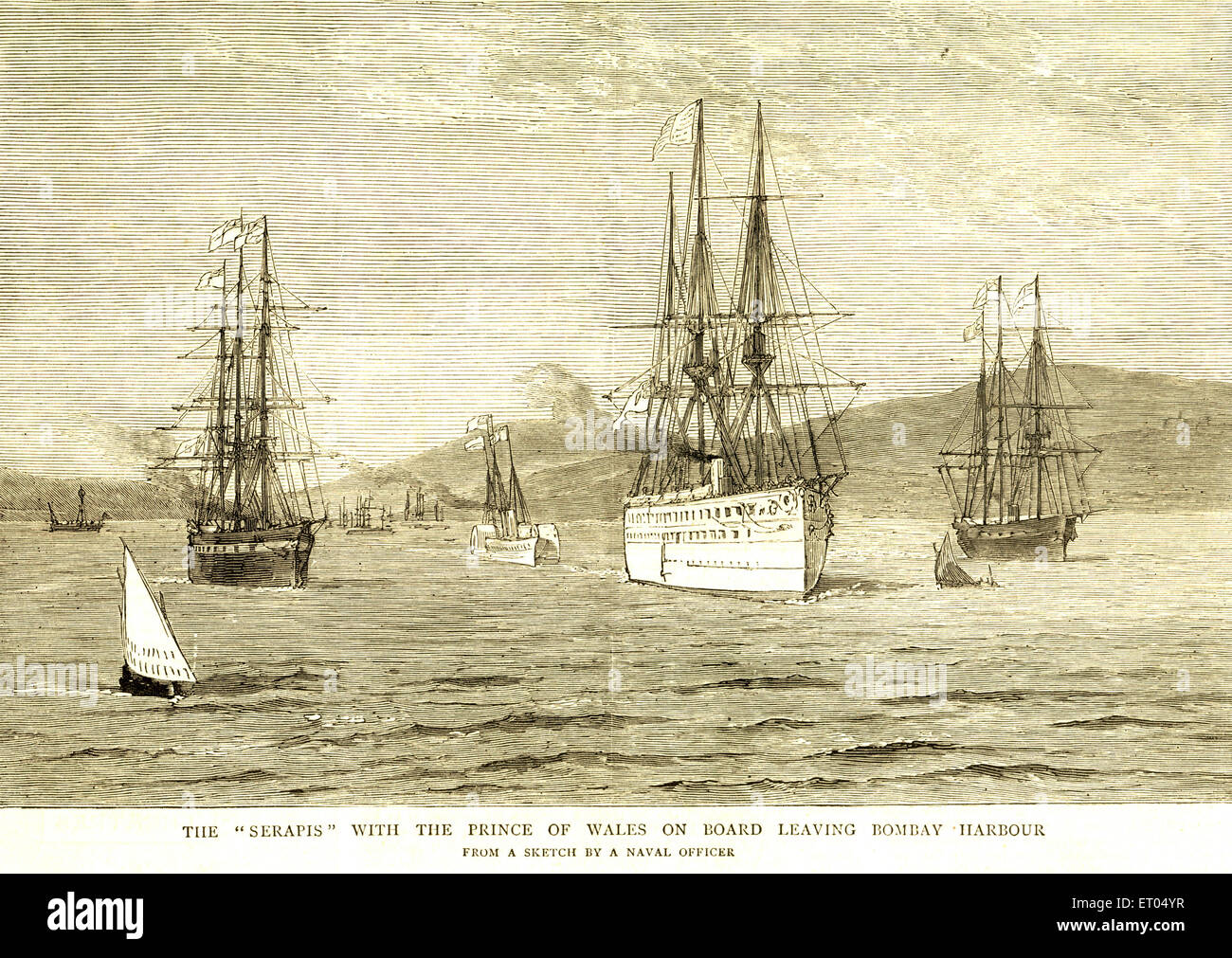 The serapis with the prince of Wales on a board leaving Bombay harbour ; 1st January 1876 ; Bombay Mumbai ; Maharashtra Stock Photo