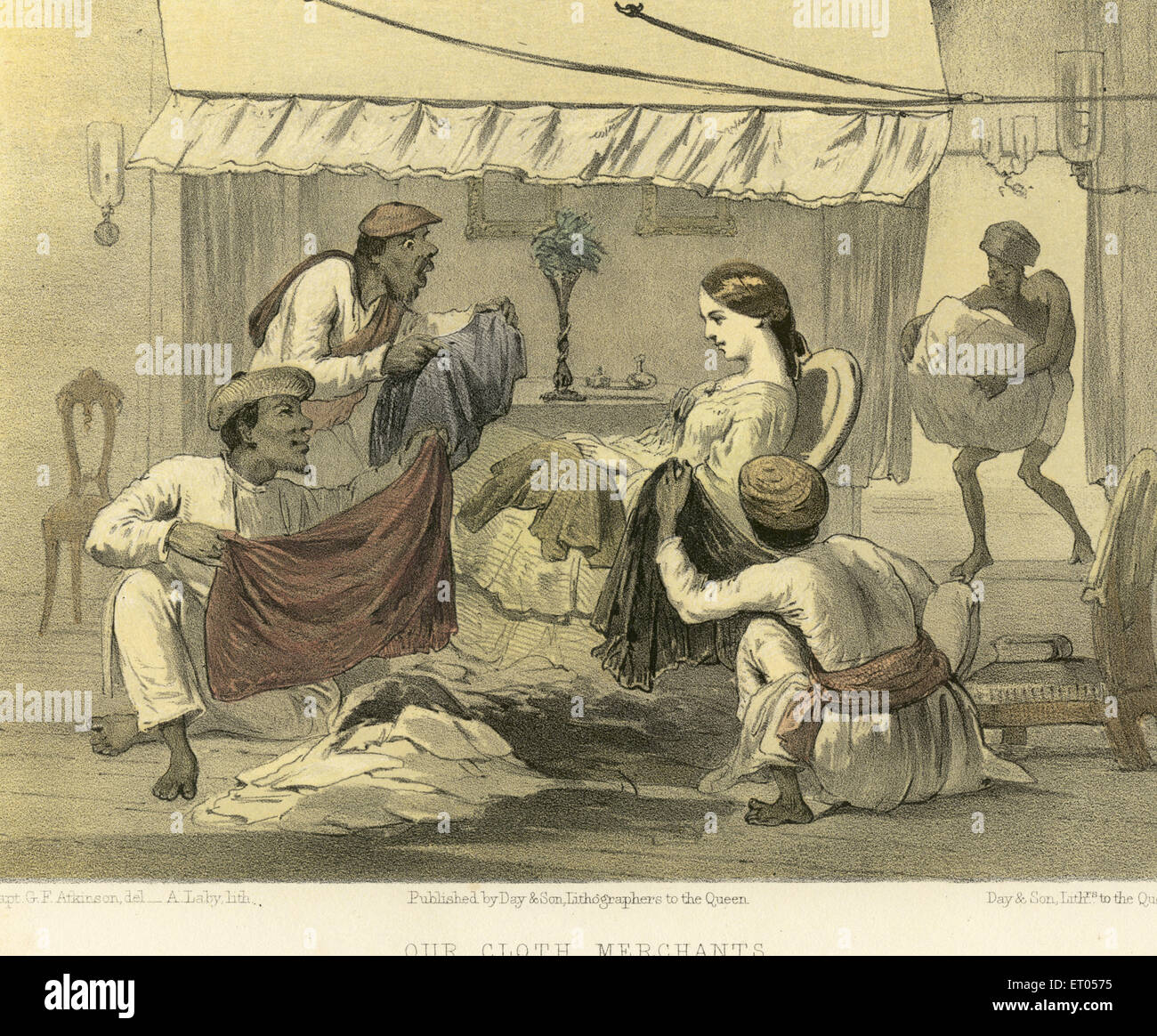 Colonial Indian images cloth merchants men showing textiles to British