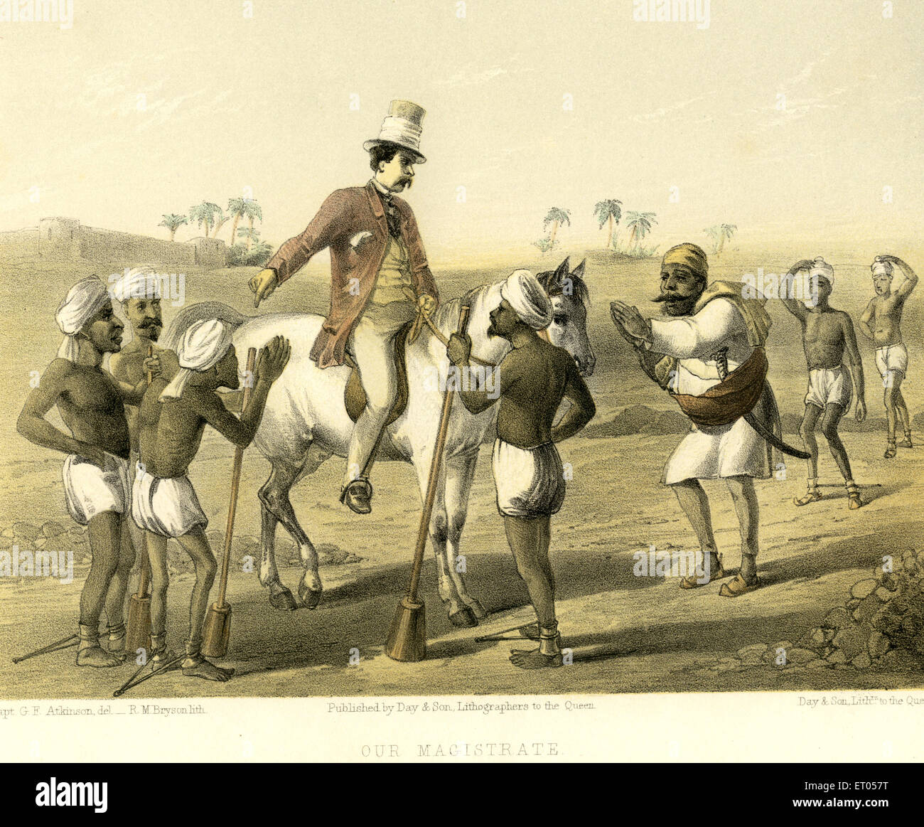 Colonial British magistrate officer judge on horse ordering delivering  justice to people of India indian art engraving etching painting Stock Photo
