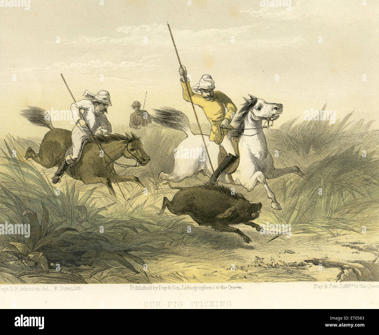 Colonial Indian images ; our pig sticking ; India Stock Photo