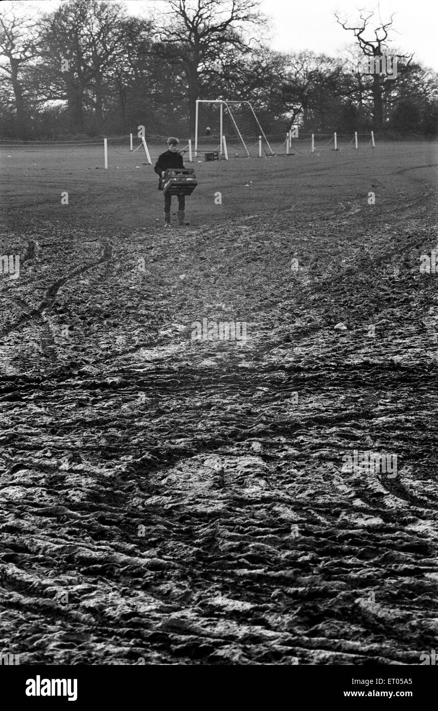 Highgate United F.C. ground the day after a storm which killed player Tony Allden after he was struck by lightning on the pitch. 26th February 1967. Stock Photo