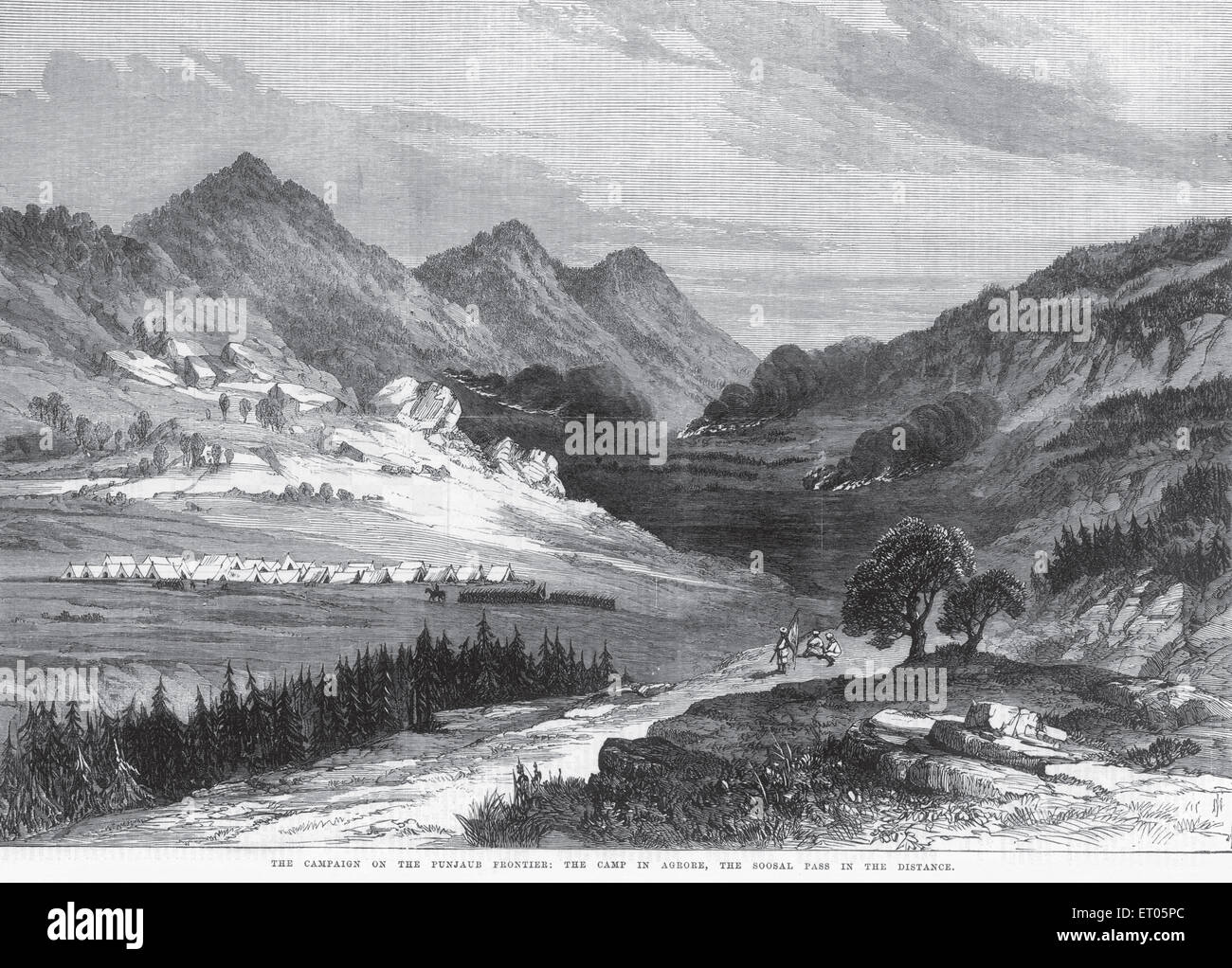 North west Kashmir ; campaign on Punjab frontier ; the camp in agrore ; the soosal pass in the distance ; Jammu & Kashmir Stock Photo