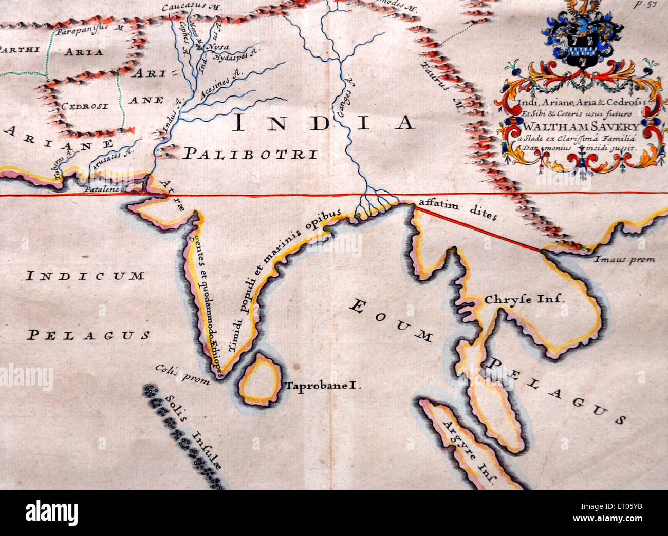 Map of India by Waltham Savery showing Palibotri Ariane Indicum Pelagus Eoum Pelagus Solis Inful Chryle Aria Cedrolis Taprobane Stock Photo
