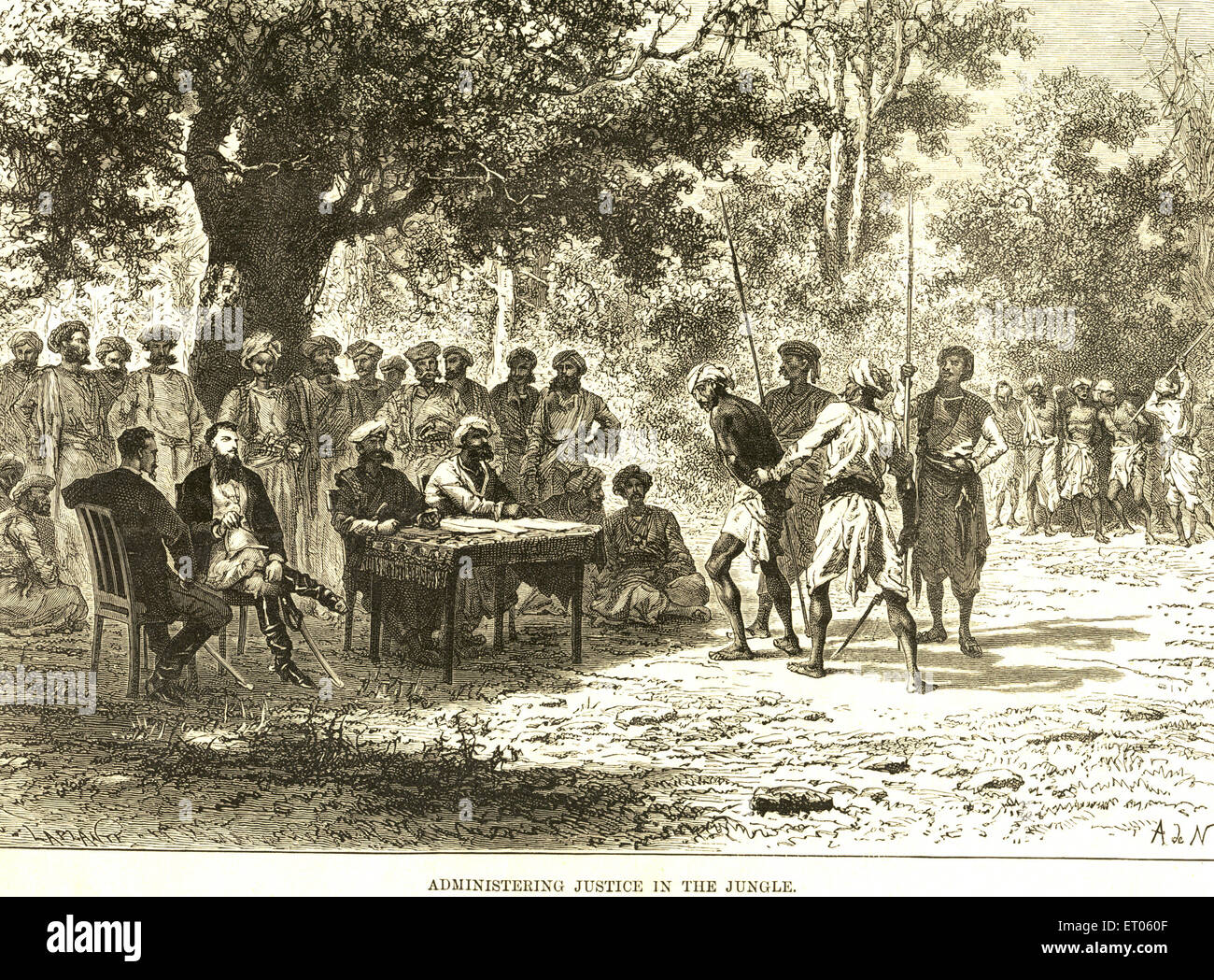 Village court, panchayat, British India, administering justice in the jungle, India, 1800s, old vintage 1800 engraving Stock Photo