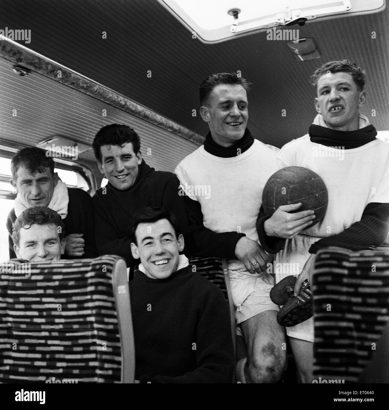 Players of Leicester City football club including goalkeeper Gordon Banks on their way to team training.  A more permanent status in the First Division allowed manager Matt Gillies to start improving the club’s infrastructure – and among his ideas was to vary the training methods. For a while that meant coach trips to a nearby indoor sports hall to play badminton as a way of breaking up the routine while still keeping sharpness.  8th March 1960. Stock Photo