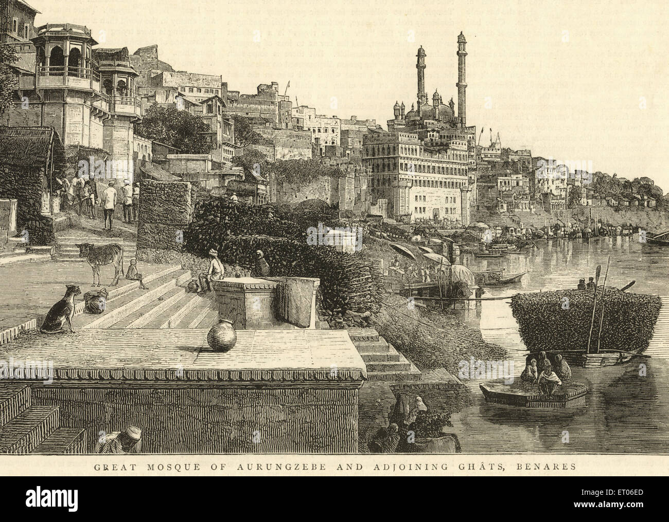 Alamgir Mosque , Great mosque of Aurangzeb and Ghats ; Benares ; Varanasi ; Uttar Pradesh ; India , old vintage 1800s Stock Photo