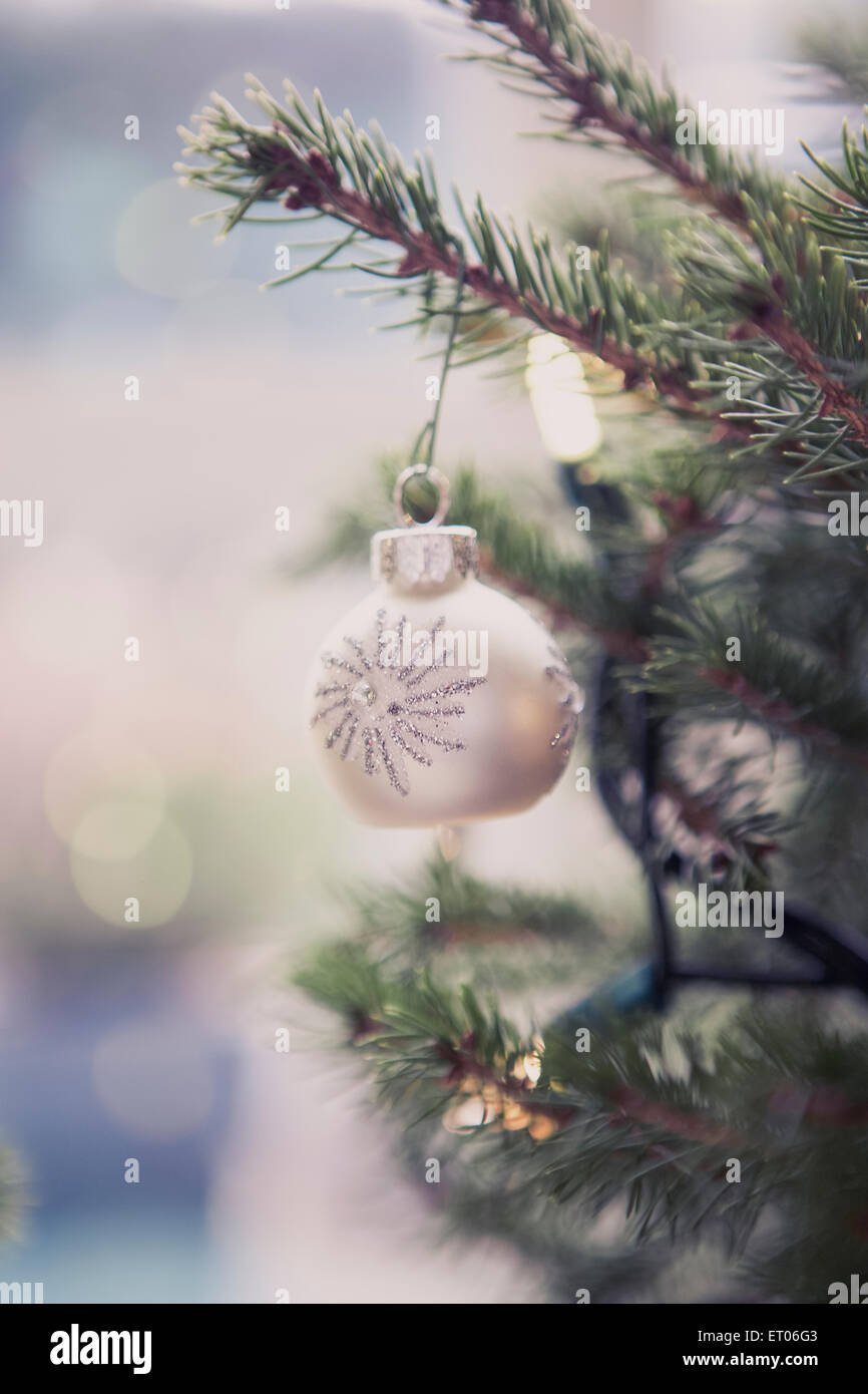 Silver ornament hanging on Christmas tree Stock Photo