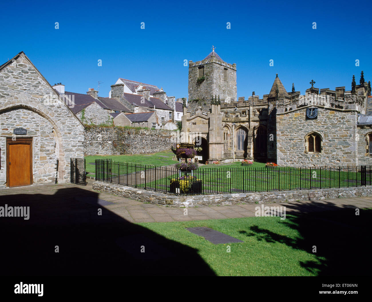 St Cybi's Church, Holyhead, Anglesey, standing within the walls of a C4th Roman naval base granted in the C6th to St Cybi for a monastery. Stock Photo