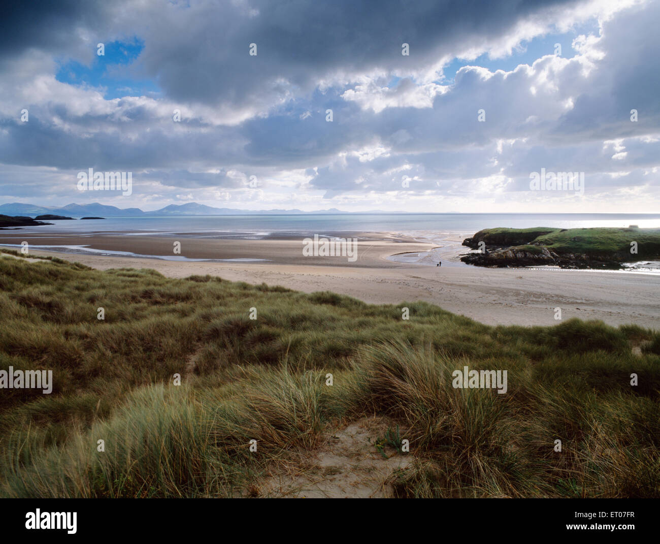 Looking SSW from Aberffraw dunes, Anglesey, at two small figures on Traeth Mawr beach with Trwyn Du headland cutting across the Ffraw estuary. Stock Photo