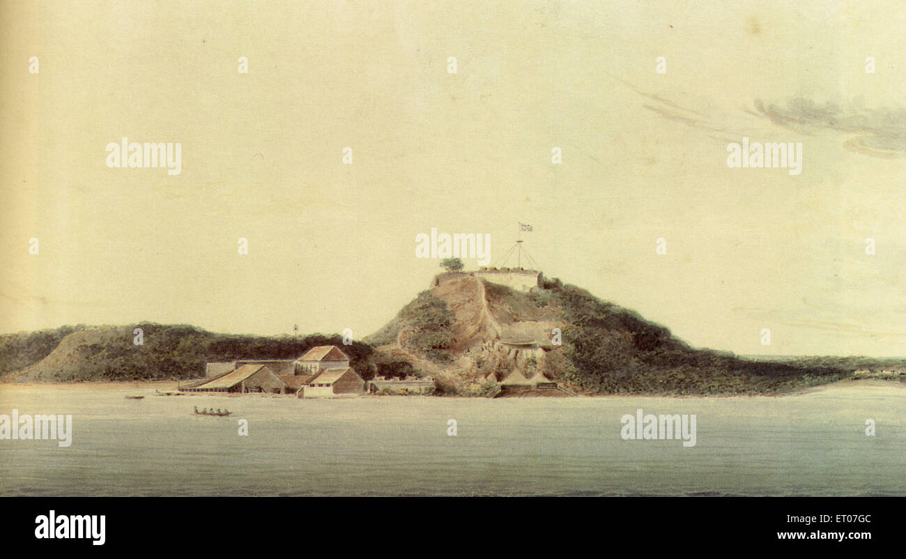 old vintage 1700s watercolor painting of island near Bombay, Mumbai, Maharashtra, India, Asia Stock Photo