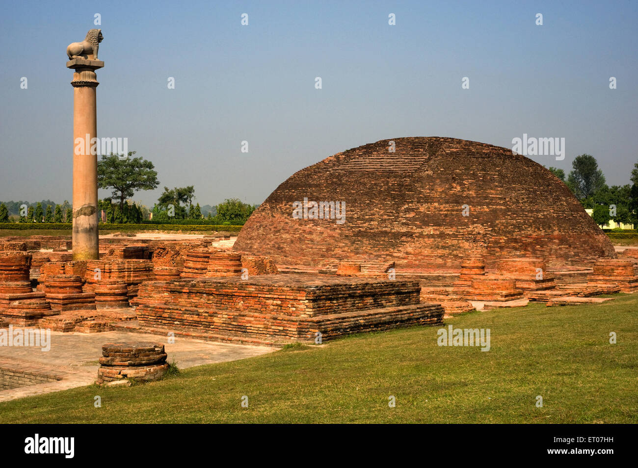 Ashokan Pillar ; Ashoka Pillar ; Lion Pillar ; Brick Stupa ; Kolhua ; Vaishali ; Bihar ; India Stock Photo