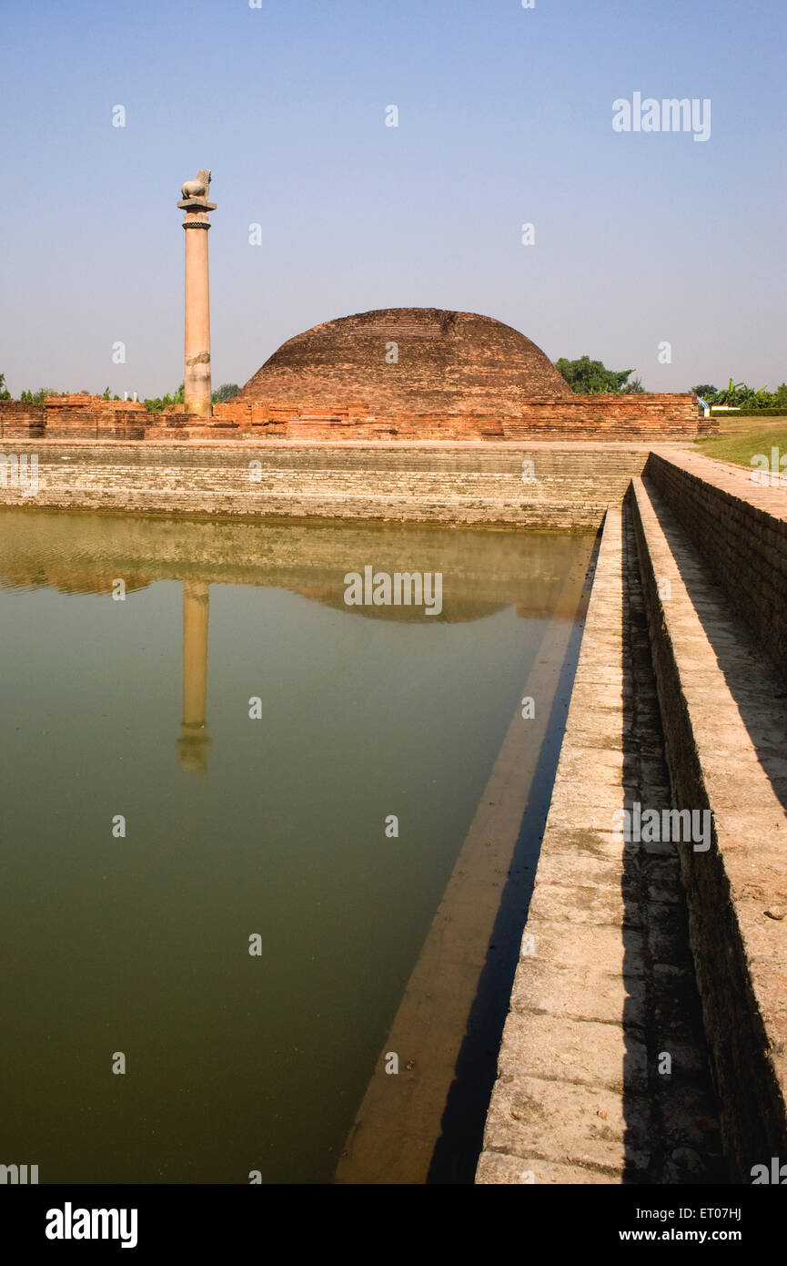 Brick stupa and lion pillar ; Kolhua Vaishali ; Bihar ; India 7 November 2009 Stock Photo