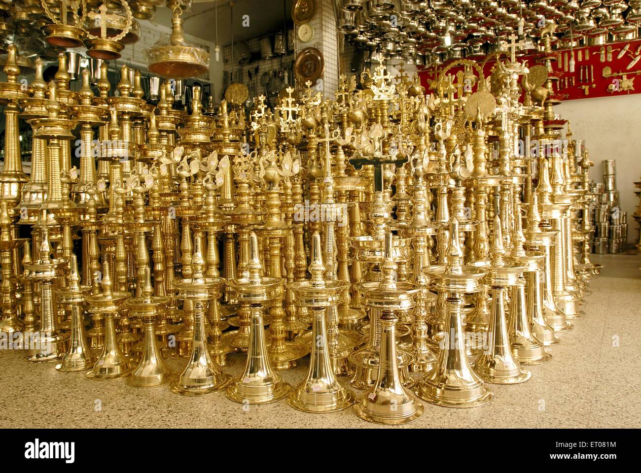 Kuthu Vilakku, Brass Traditional Ornamental Lamp, Irinjalakuda, Thrissur district, Kerala, India, Asia Stock Photo