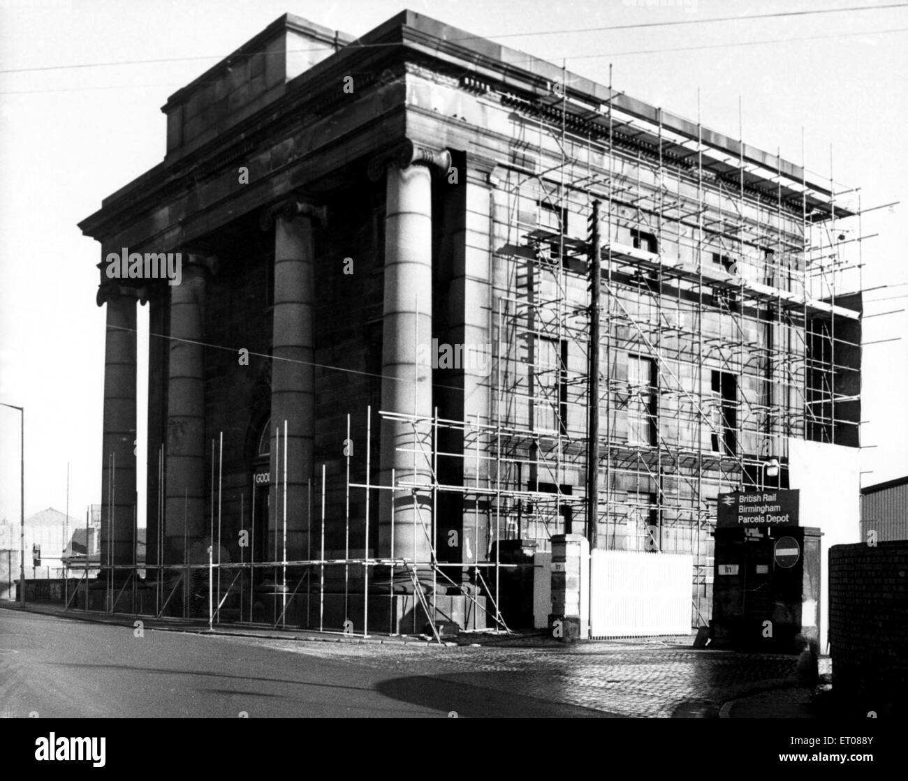 Scaffolding clutters the classic lines of Birmingham's Curzon Street Station as restoration work goes ahead. The first phase - bringing the exterior up to scratch - should be finished by 1981. 24th January 1980. Stock Photo