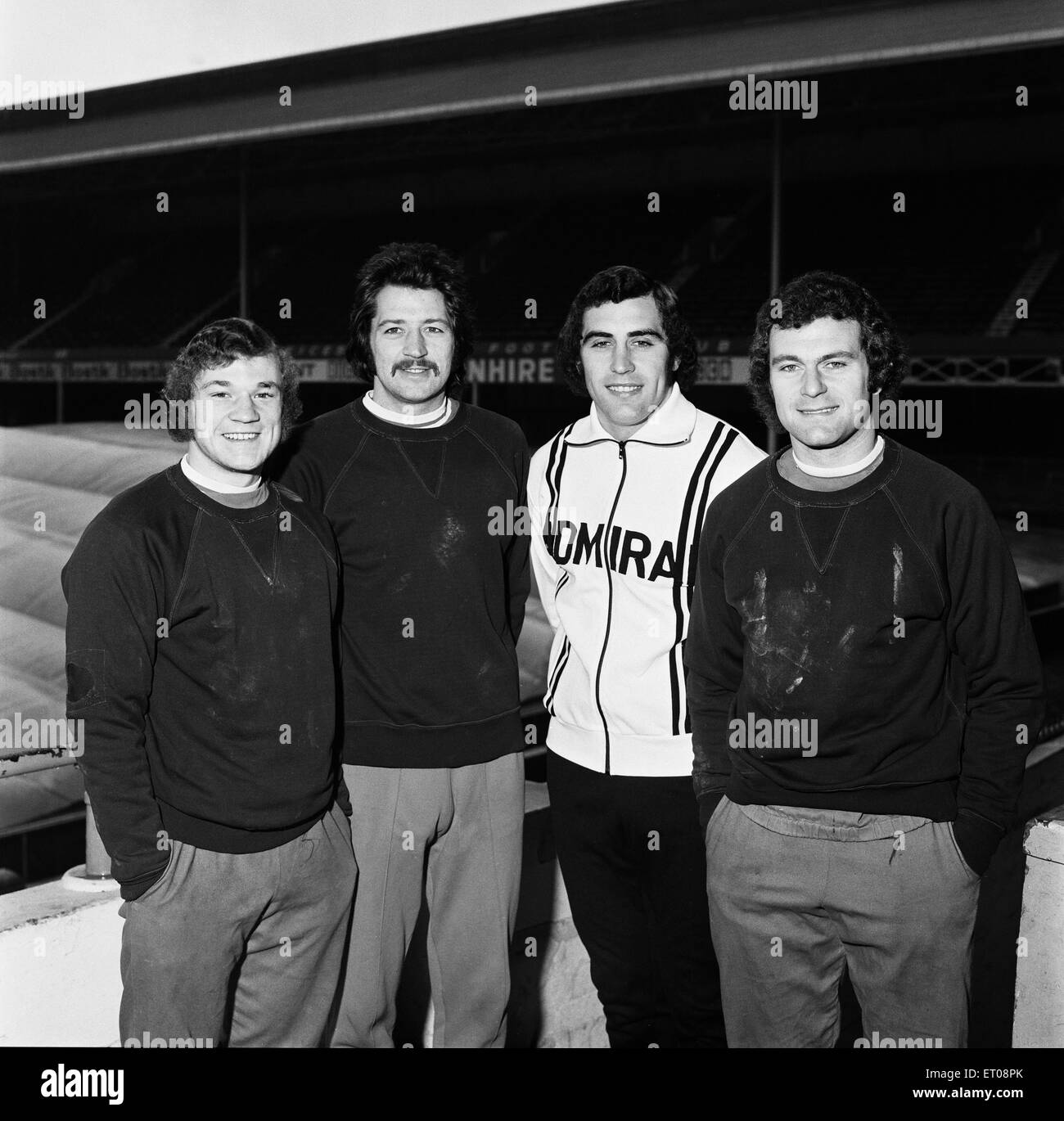 Leicester City players at Filbert Street. Left to right: Dennis Rofe, Frank Worthington, Peter Shilton and Keith Weller. 8th February 1974. Stock Photo