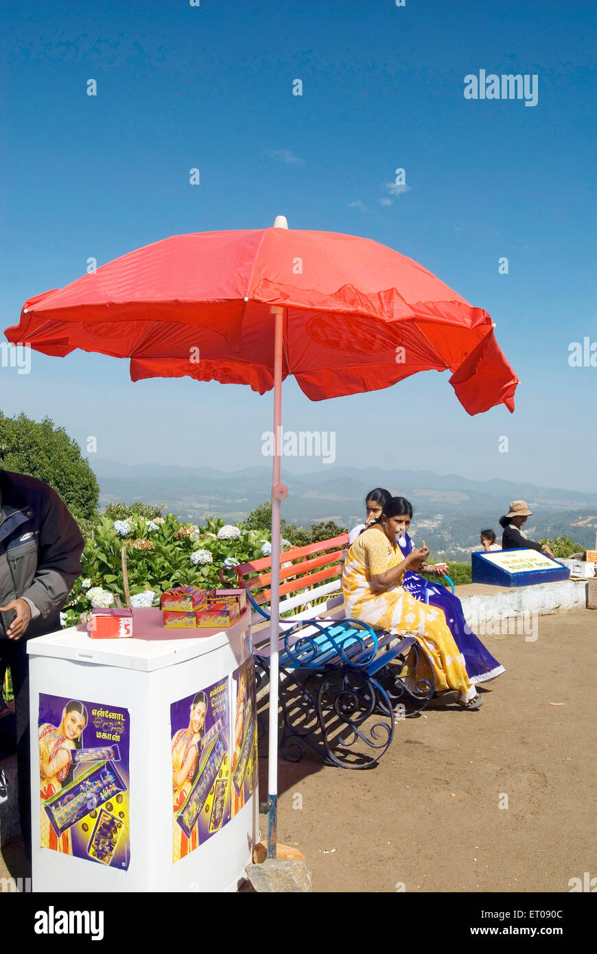 Ice cream stall on Doddabetta is the highest mountain in the Nilgiri hills ; Ooty ; Tamil Nadu ; India Stock Photo