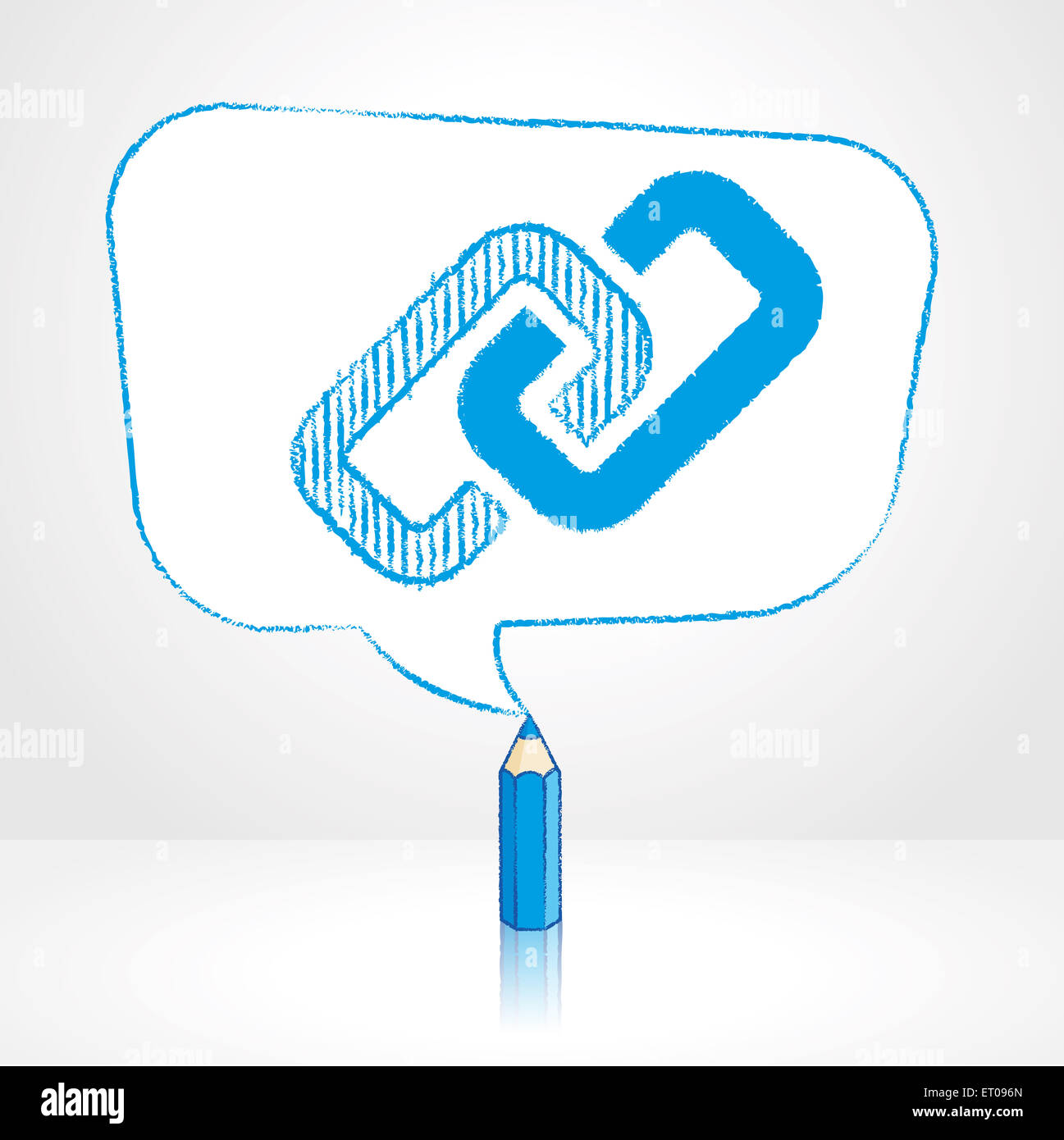Blue Pencil with Reflection Drawing Digital Media Link Icon in Rounded Skewed Rectangular Shaped Speech Bubble on Pale Backgroun Stock Photo
