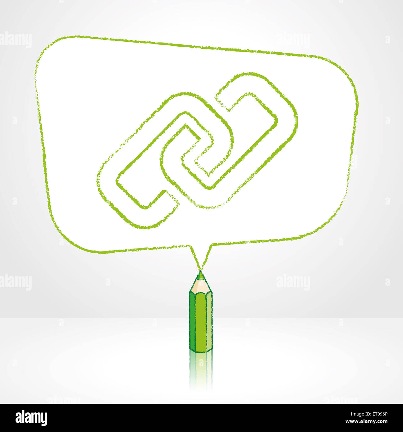 Green Pencil with Reflection Drawing Digital Media Link Icon in Rounded Skewed Rectangular Shaped Speech Bubble on Pale Backgrou Stock Photo
