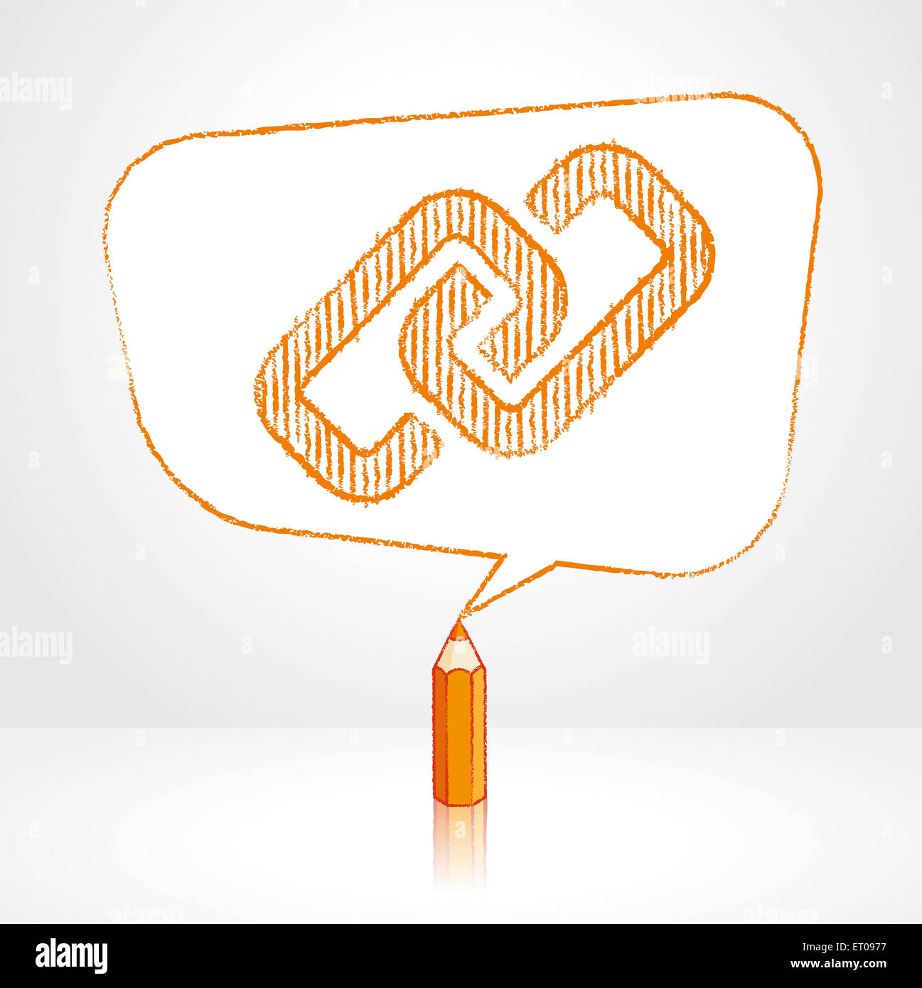Orange Pencil with Reflection Drawing Digital Media Link Icon in Rounded Skewed Rectangular Shaped Speech Bubble on Pale Backgro Stock Photo