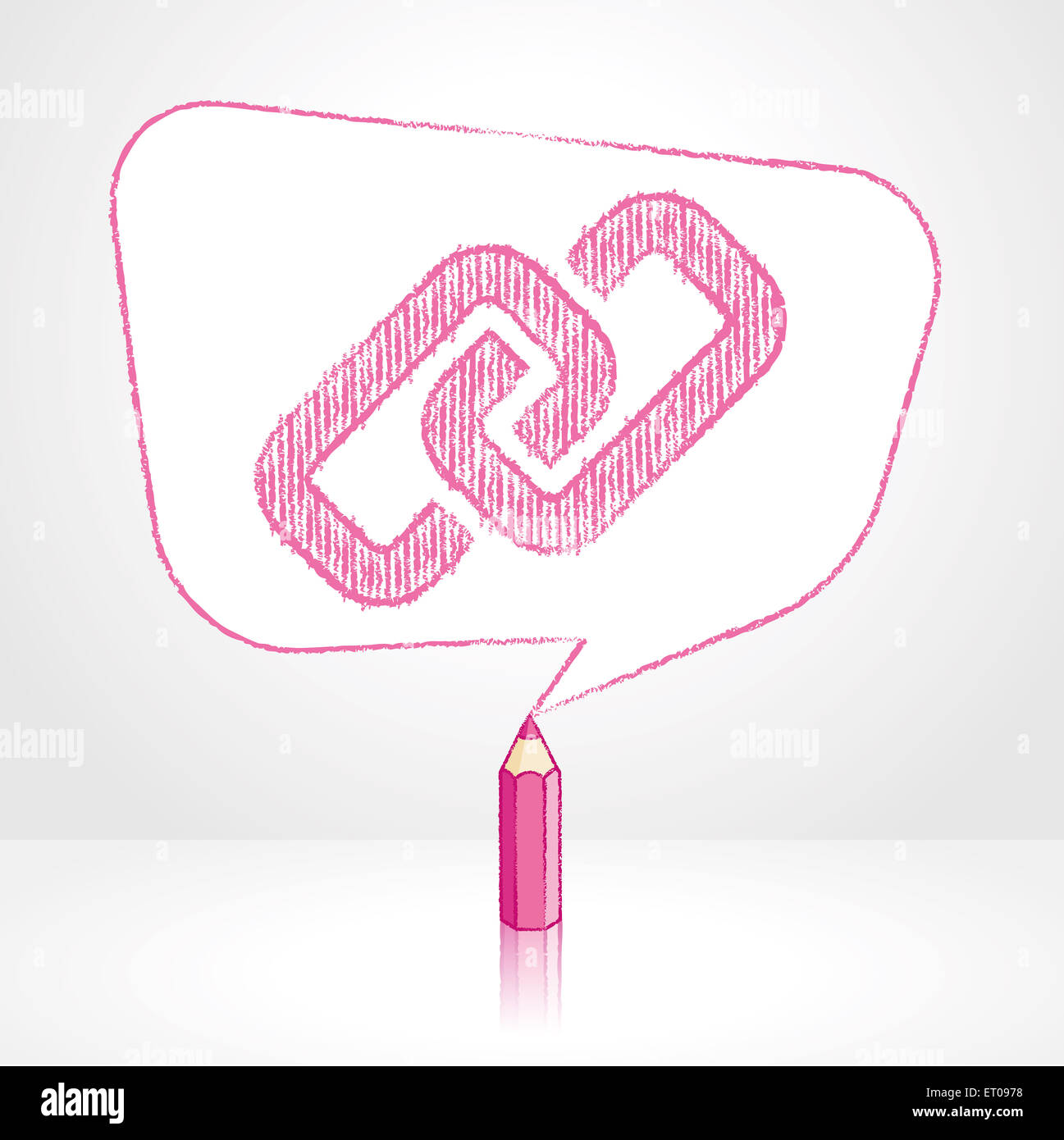 Pink Pencil with Reflection Drawing Digital Media Link Icon in Rounded Skewed Rectangular Shaped Speech Bubble on Pale Backgroun Stock Photo