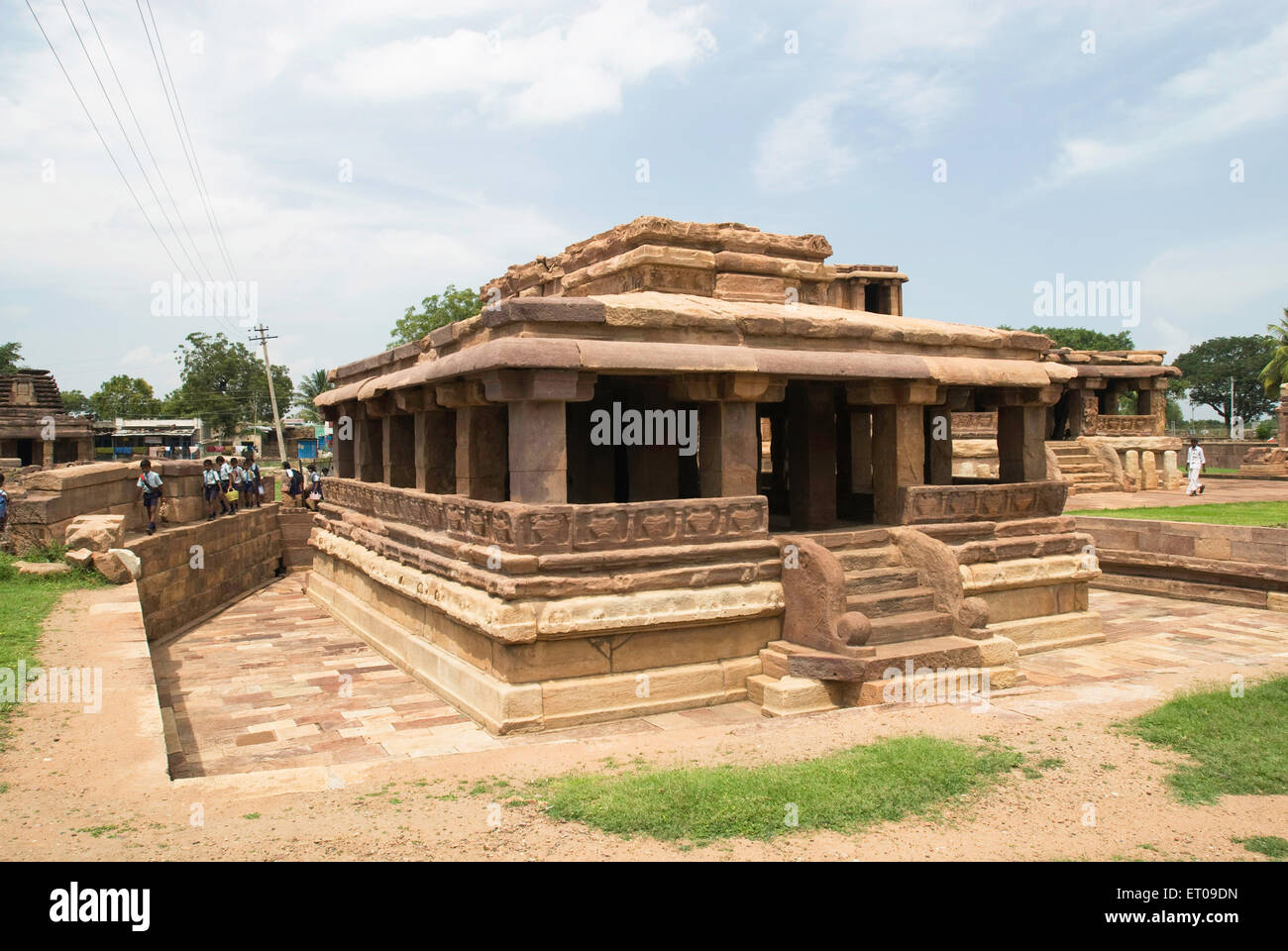 Gaudar gudi with the Ladkhan temple behind it dedicated to goddess Bhagavati built in 7th century ; Aihole ; Karnataka ; India Stock Photo