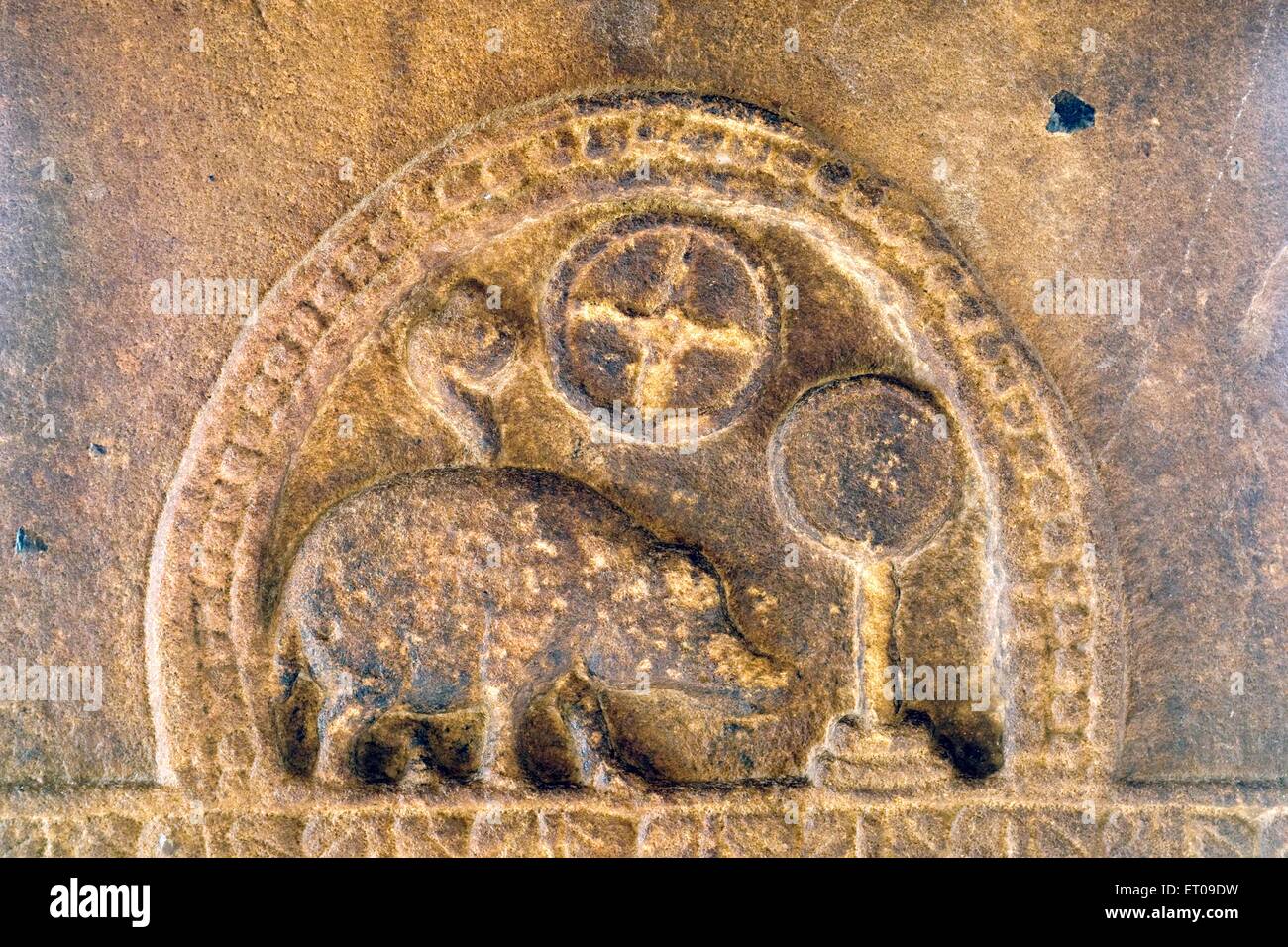 Boar Varaha, royal emblem, Chalukyas Bas Relief, Ladkhan temple, Aihole, Karnataka, India Stock Photo