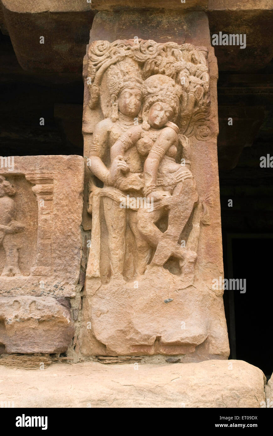 An amorous couple in Ladkhan temple built in 7th century ; Aihole ; Karnataka ; India Stock Photo