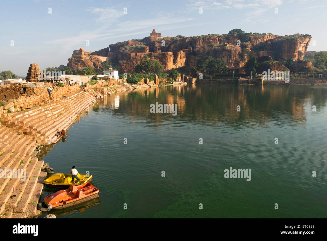 Agastya lake ; Yellamma temple 7th century and north fort temples in Badami ; Karnataka ; India Stock Photo