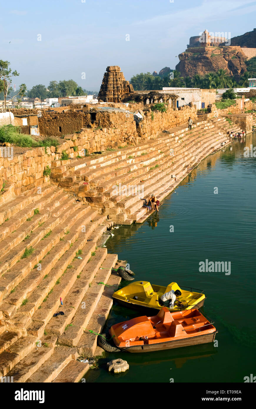 Agastya lake and Yellamma temple 7th century in Badami ; Karnataka ; India Stock Photo