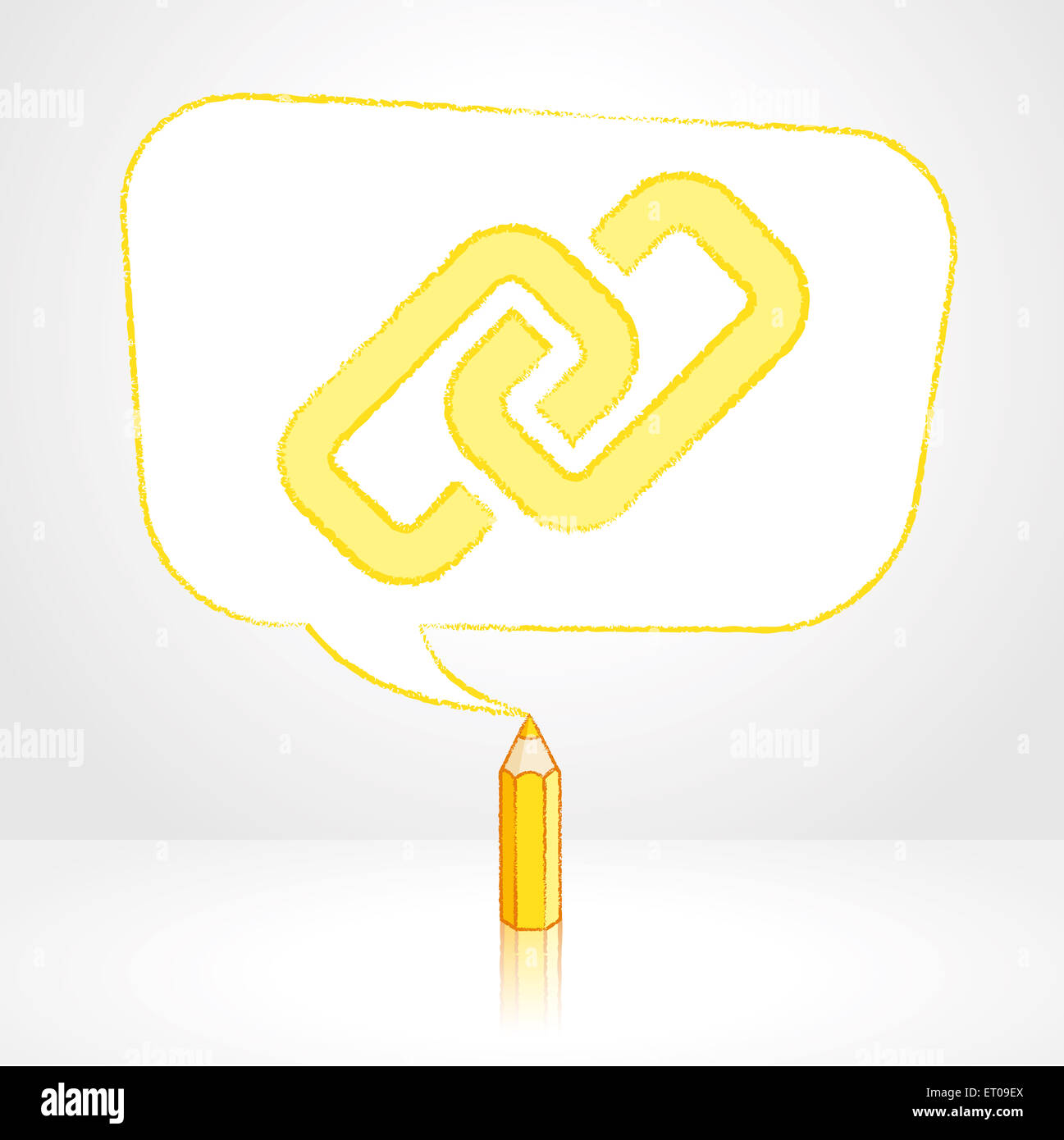 Yellow Pencil with Reflection Drawing Digital Media Link Icon in Rounded Skewed Rectangular Shaped Speech Bubble on Pale Backgro Stock Photo