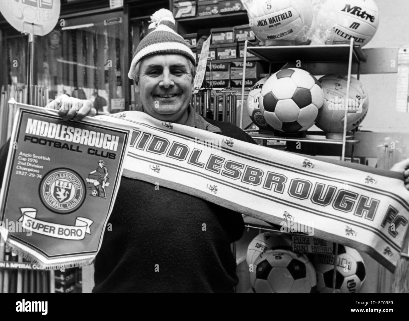 Jack Hatfield, owner of Sports Shop, Jack Hatfield Sports, Middlesbrough, gripped by cup fever as Boro prepare to meet Barnsley in the fifth round of the FA Cup tomorrow, pictured, 29th January 1981. Stock Photo