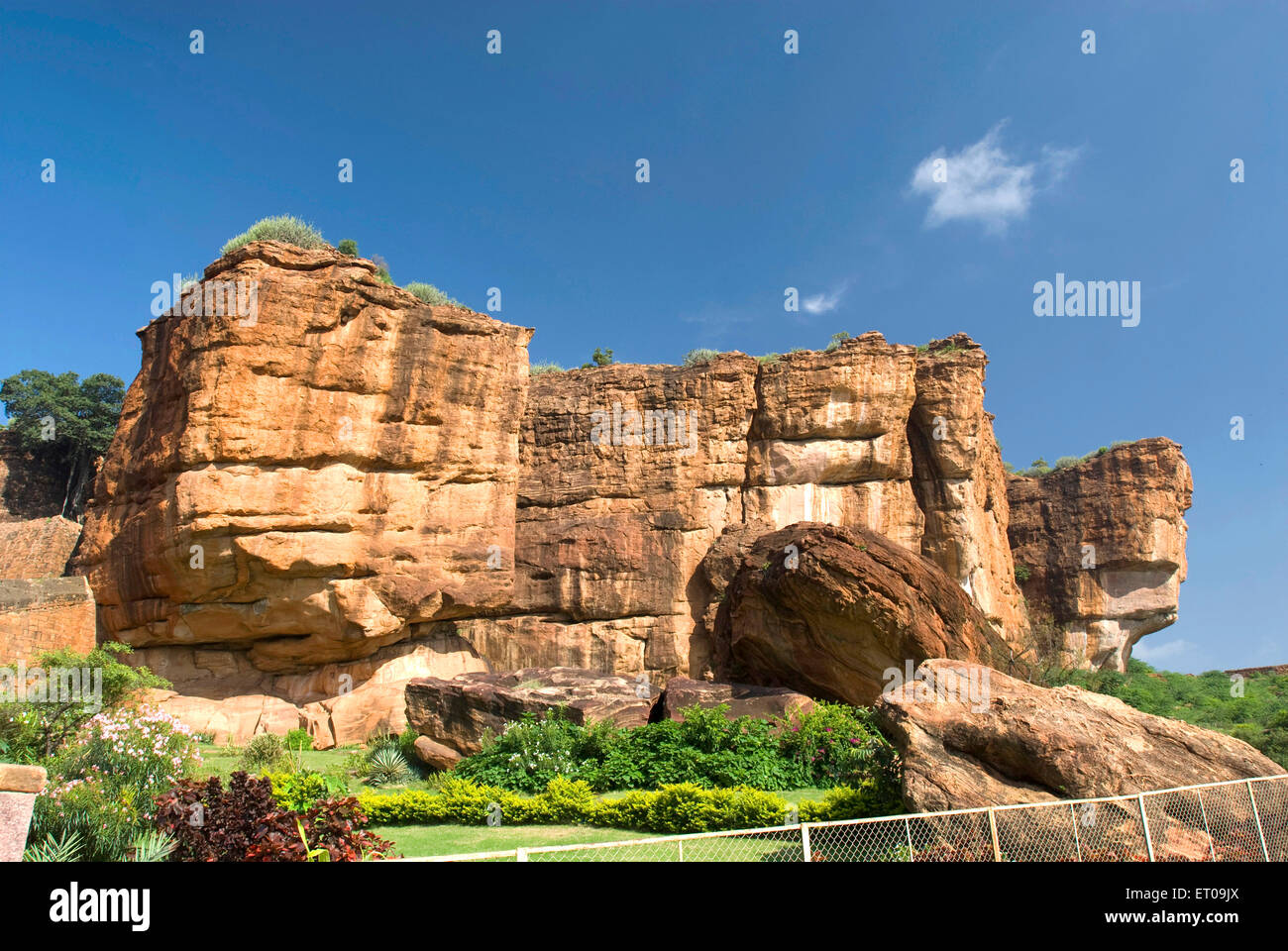Red sandstone cliff, Badami , Vatapi , Bagalkot , Karnataka , India ...