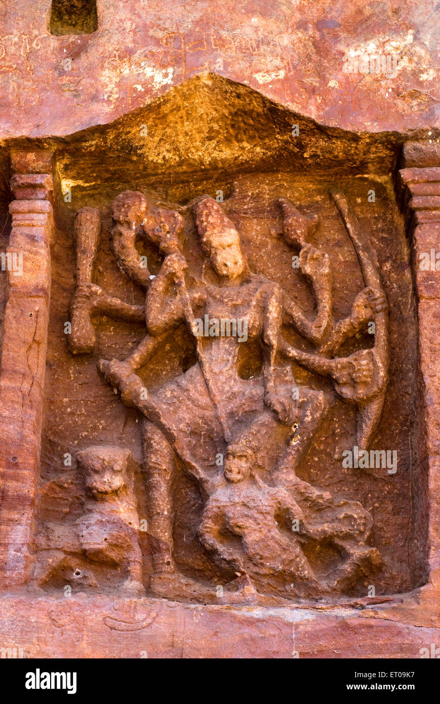 Mahishasuramardini Bas relief in cave temple 7th century ; Badami ; Karnataka ; India Stock Photo