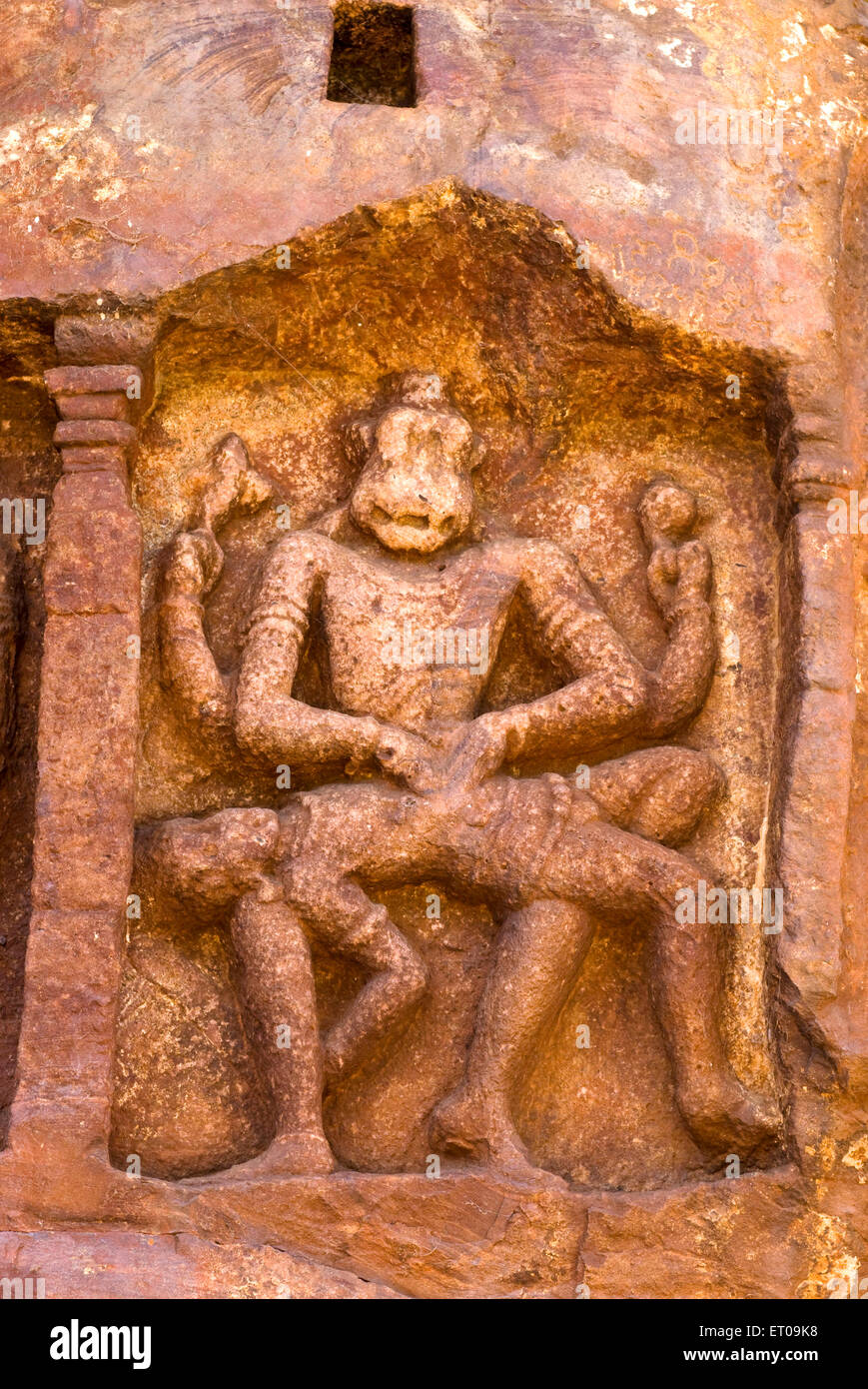 Ukkra Narasimha killing Hiranya Narasimha Avtar Bas relief in cave temple 7th century ; Badami ; Karnataka ; India Stock Photo
