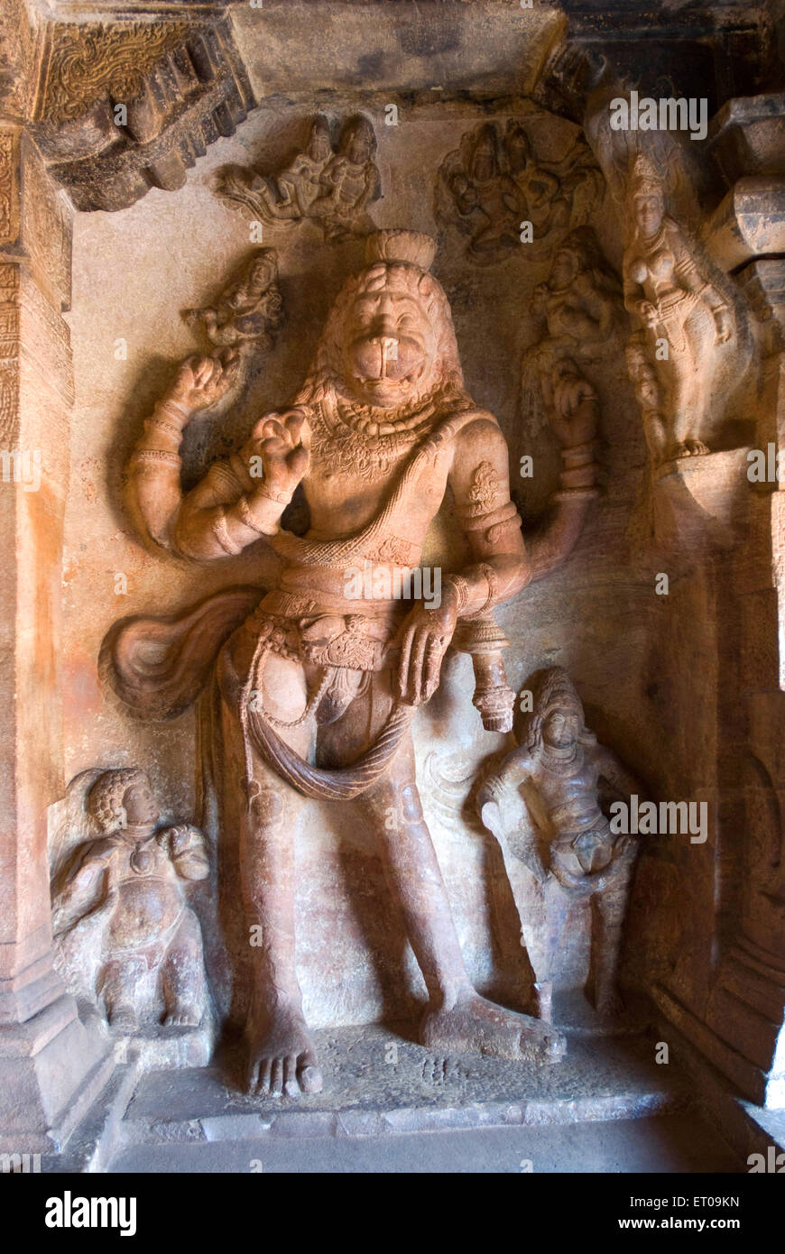 Narasimha Vishnu's lion incarnation bas relief in cave three ; cave temple 6th century 578 AD ; Badami ; Karnataka ; India Stock Photo