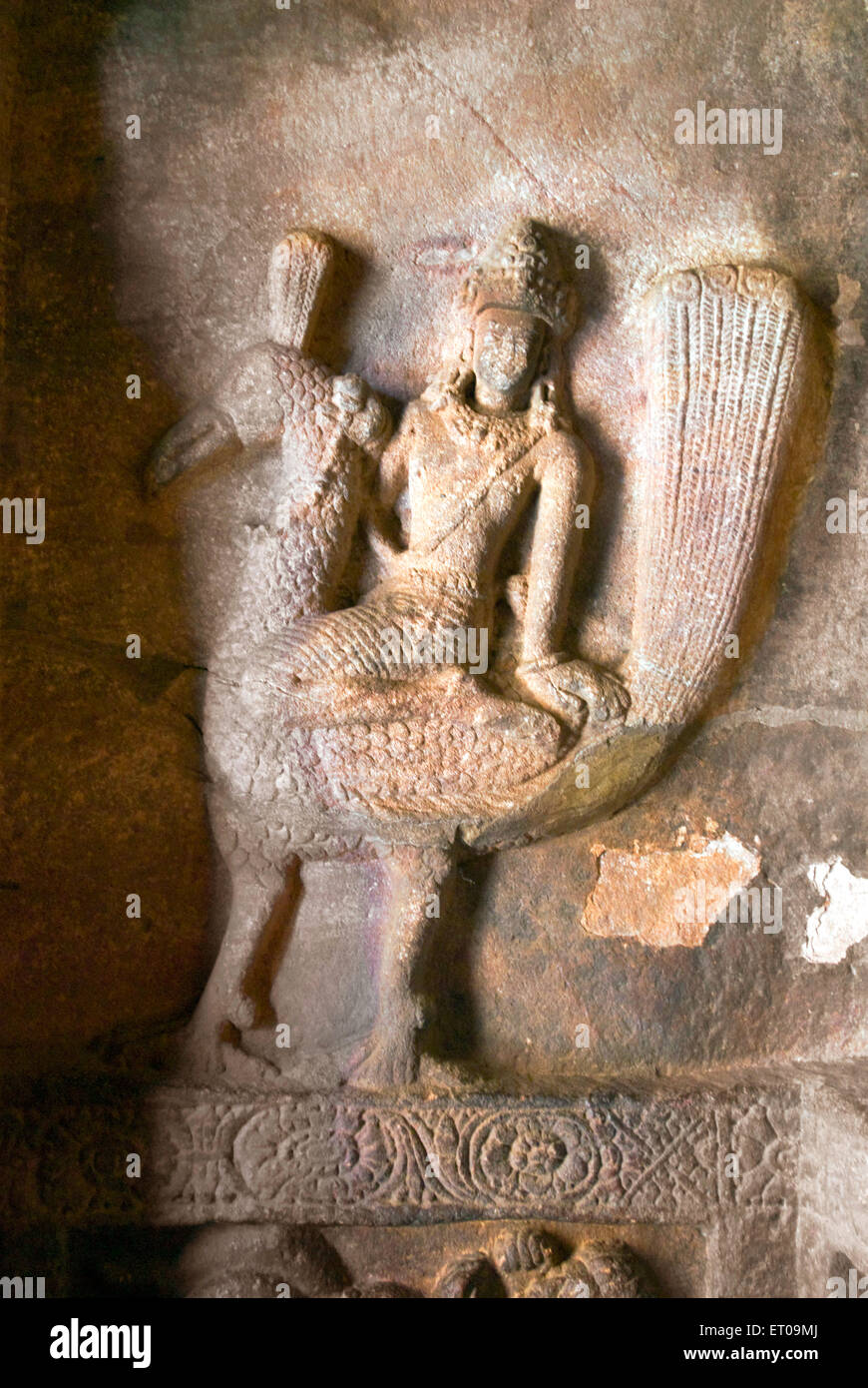 Skanda on peacock sculpture in cave one in Badami ; Karnataka ; India Stock Photo