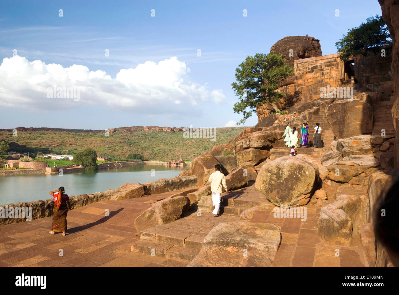 Steps Leading from cave two up to cave three in Badami ; Karnataka ; India Stock Photo