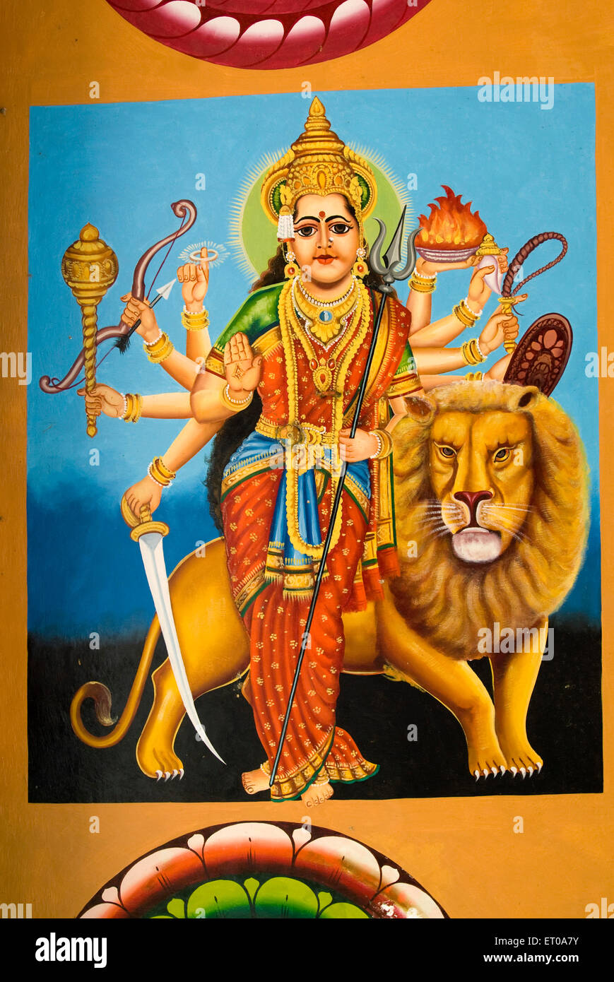 Durga Kali painting on ceiling of Mariamman temple at Uttiramerur ; Tamil Nadu ; India Stock Photo