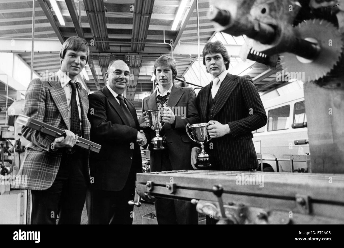 ICI Awards - fitter Paul Ralph, Gordon Caddy, Improved second-year apprentice APP. Instrument Artificer Tim Walker, fourth-year runner up award. Mr George Guy presents the prizes. 2nd May 1979. Stock Photo