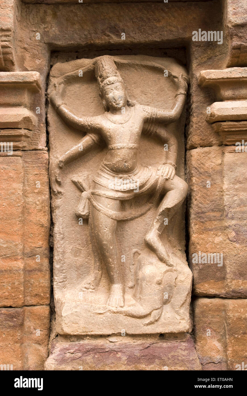 Gajasamharamurthi ; lord Shiva killing demon disguise elephant ; sculpture Mallikarjuna temple 740 A.D. Pattadakal ; Karnataka Stock Photo