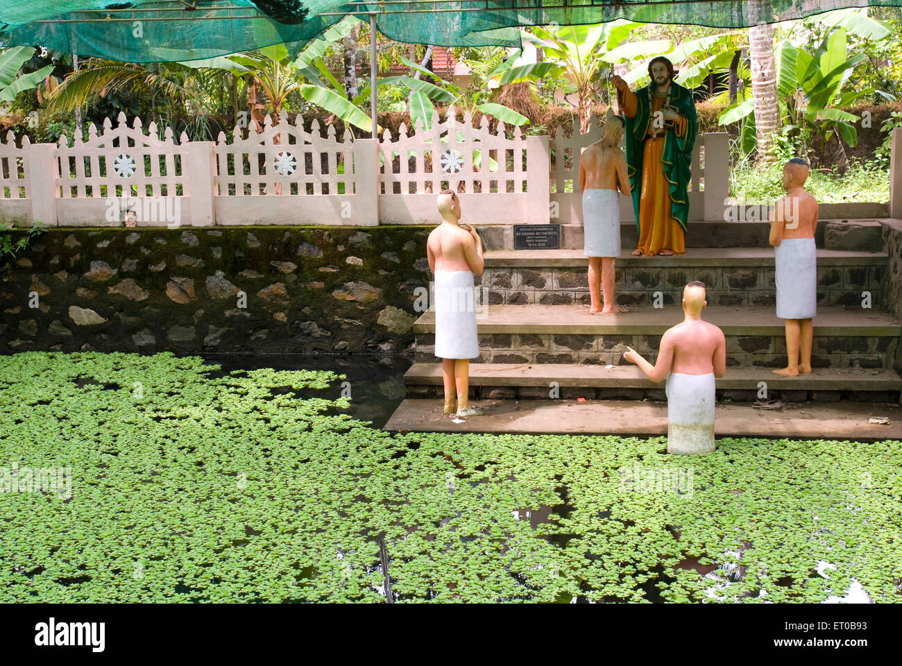 Statues ; St. Thomas baptized Namboodiri Brahmins to Christianity ; pond near St; Thomas church at North Paravur ; Kerala Stock Photo