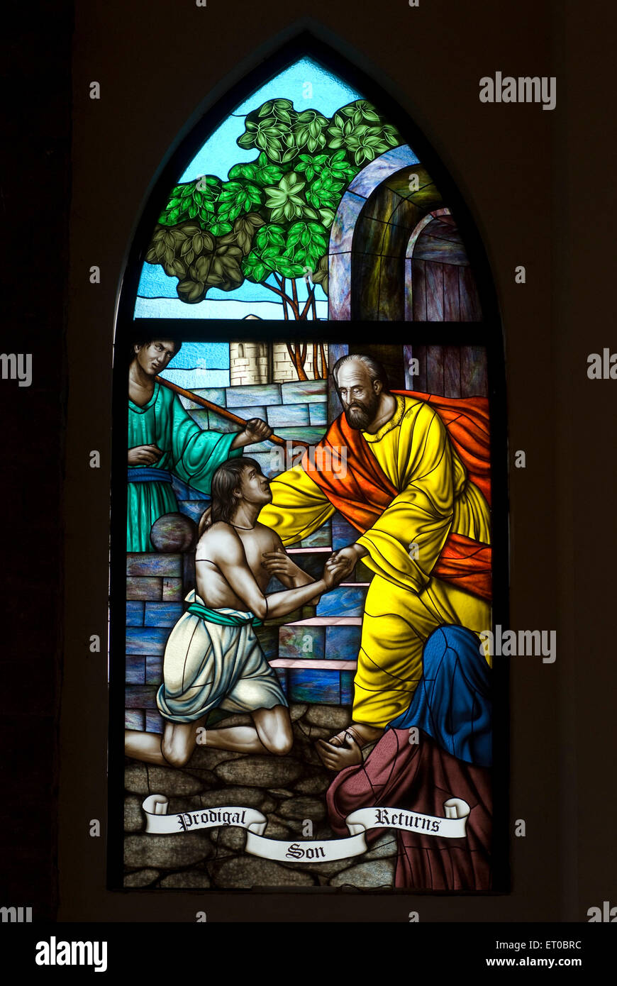 Stained Belgium glass window, Saint George Catholic Forane Syrian Church, St. George Basilica, Angamaly, Ernakulum, Kerala, India, Asia Stock Photo