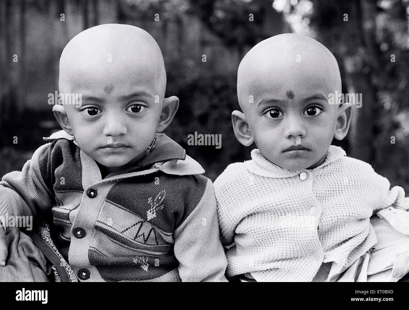 Fraternal or non identical twins tonsured headed boys ; Tamil Nadu ; India MR#777A Stock Photo